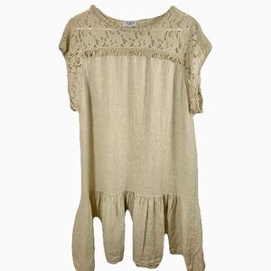 Allegra‎ Masetti Firenze Mini Dress Sz XL Linen Lace Fringe Khaki Beachy Italy